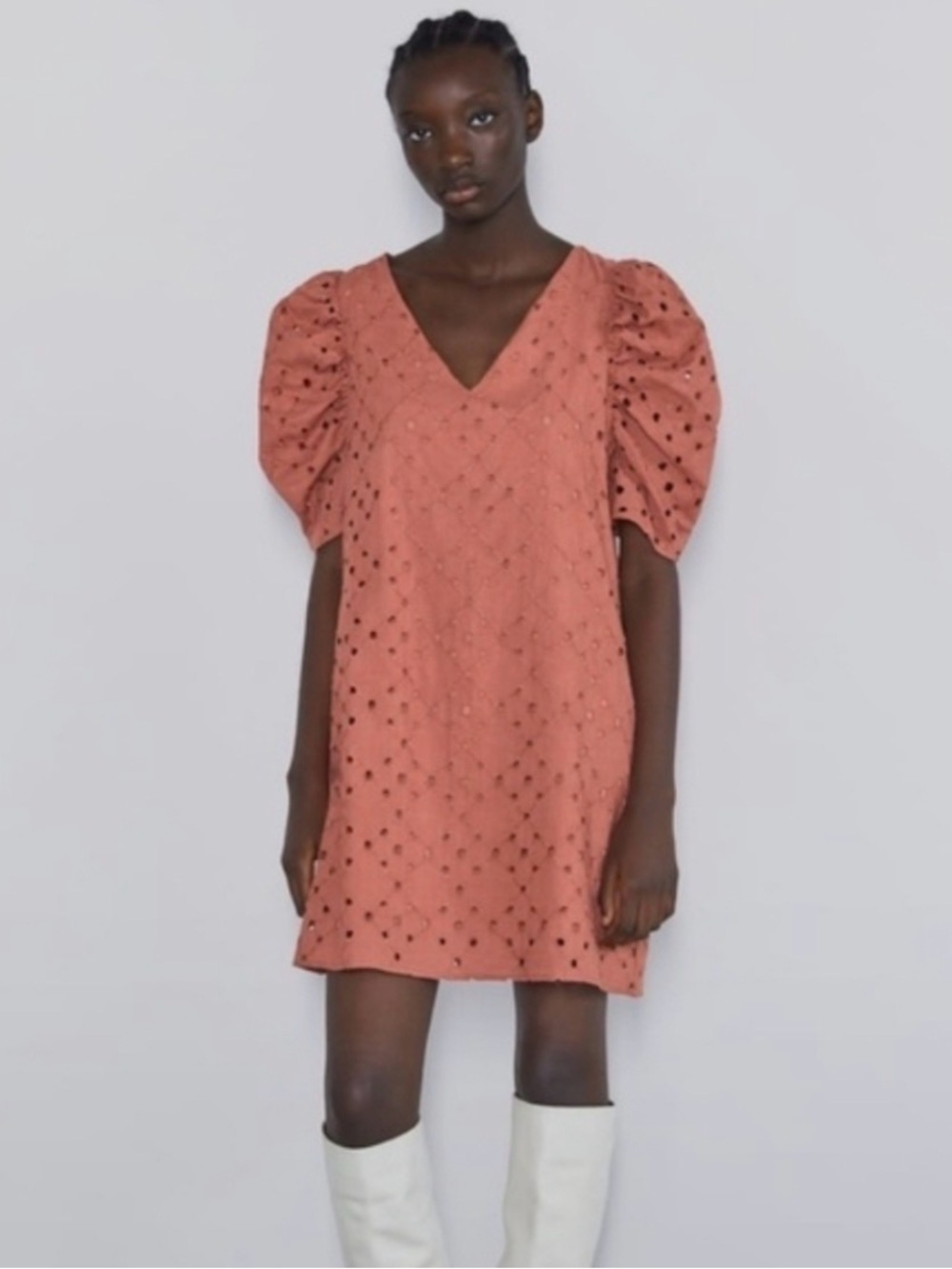 Zara Coral Pink Eyelet V-Neck Puff Sleeve Mini Dress